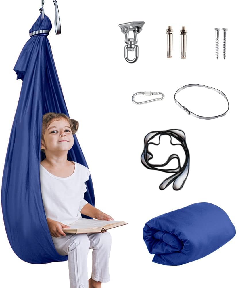 Aokitec Sensory Swing for Kids with Special Needs, Indoor Kids Swing Cuddle Hammock Chair Adjustable Aerial Swing for Children with Autism, ADHD, Asperger, Sensory Integration(Blue)
