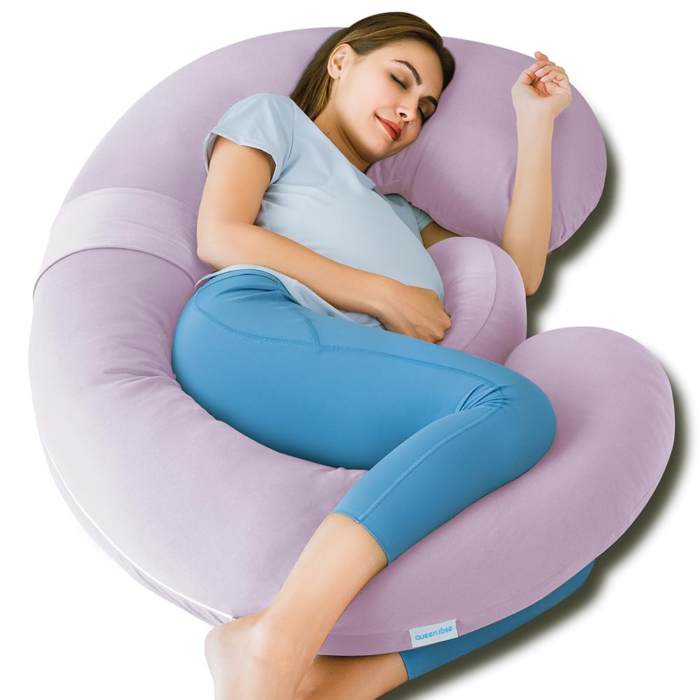 QUEEN ROSE Cooling Pregnancy Pillows, E Shaped Maternity Pillow for Sleeping, with Extra Wedge Pillow for Belly Support, 60 Inch Full Body Pillow, Pink