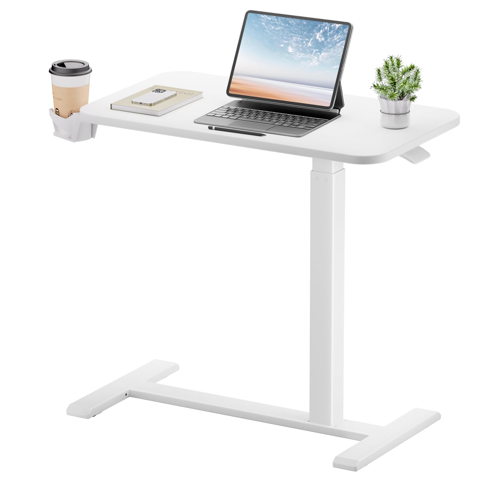 GTPLAYER Small Standing Desk with Wheels, Pneumatic Mobile Rolling Laptop Desk, Adjustable Height Overbed Bedside Table Computer Workstation for Home Office (28" W x 16" D, White)
