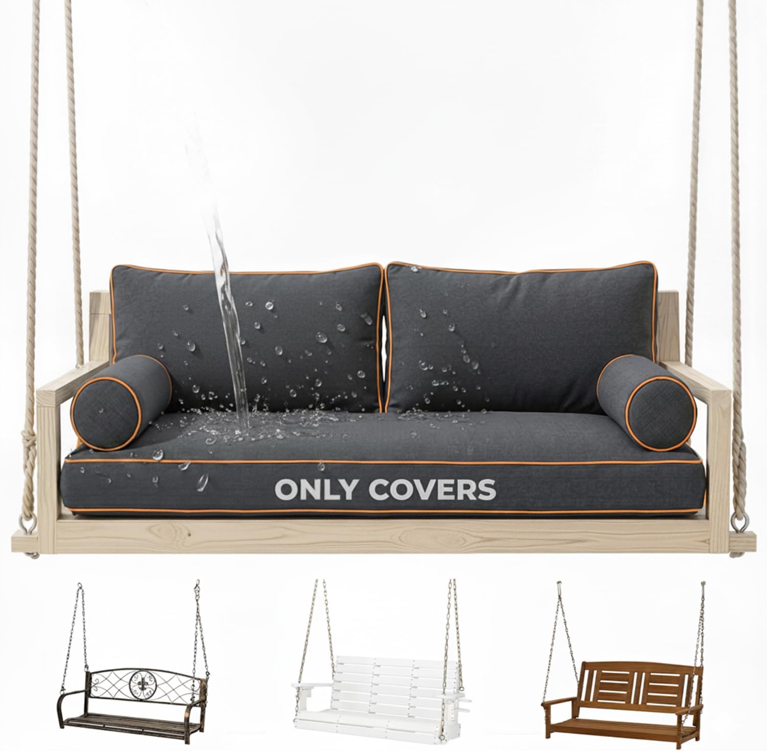 Twin Size Outdoor Daybed Swing Cushion Cover,Patio Porch Twin Mattress Bolster Pillow Fitted Sheet Cover Waterproof for Outdoor Hanging Porch Swing Bed (6, Dark Gray-White Piping)