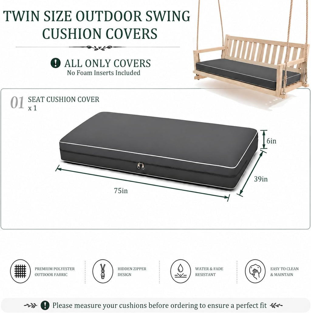 Twin Size Outdoor Daybed Swing Cushion Cover,Patio Porch Twin Mattress Bolster Pillow Fitted Sheet Cover Waterproof for Outdoor Hanging Porch Swing Bed (6, Dark Gray-White Piping)