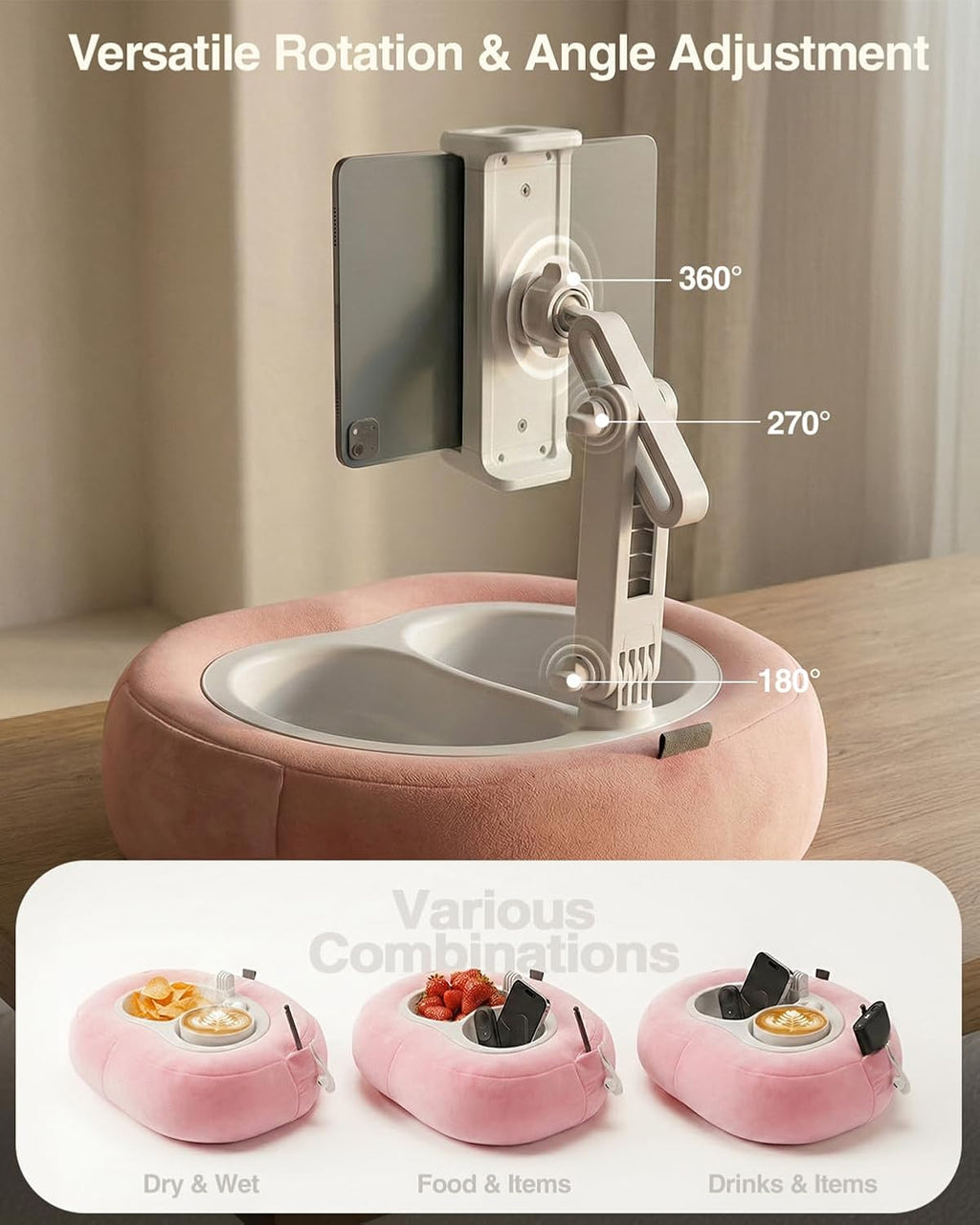 Miledi Tablet Pillow Stand for Bed with 360° Rotating Holder, Pink | Compatible with Kindle, iPad, Phone and Tablet 5" to 12.9", Soft Plush Fabric, with 2 Snack Bowls, for Reading and Relaxing