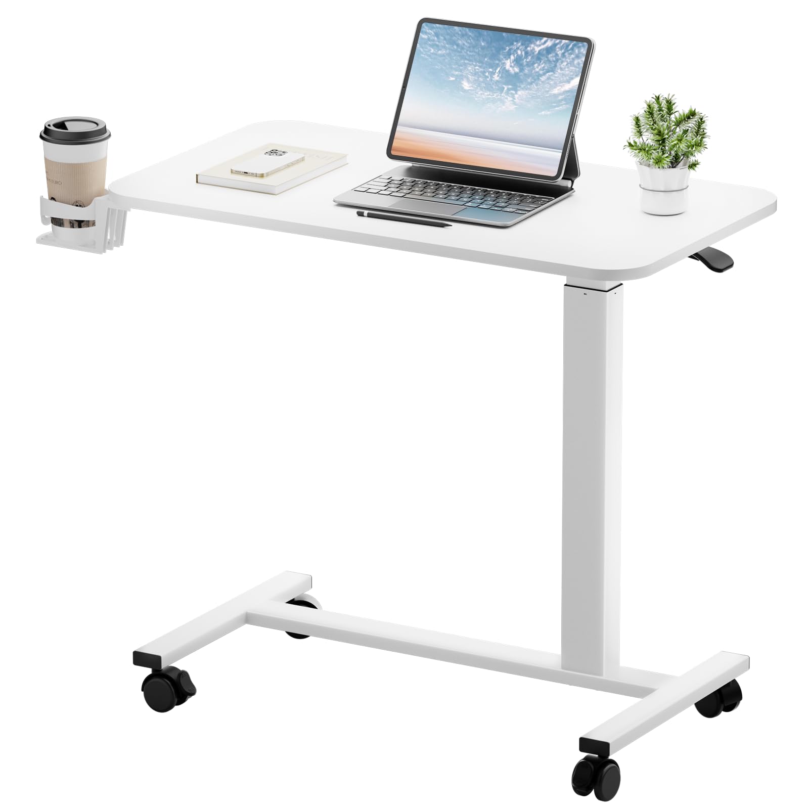 GTPLAYER Small Standing Desk with Wheels, Pneumatic Mobile Rolling Laptop Desk, Adjustable Height Overbed Bedside Table Computer Workstation for Home Office (28" W x 16" D, White)