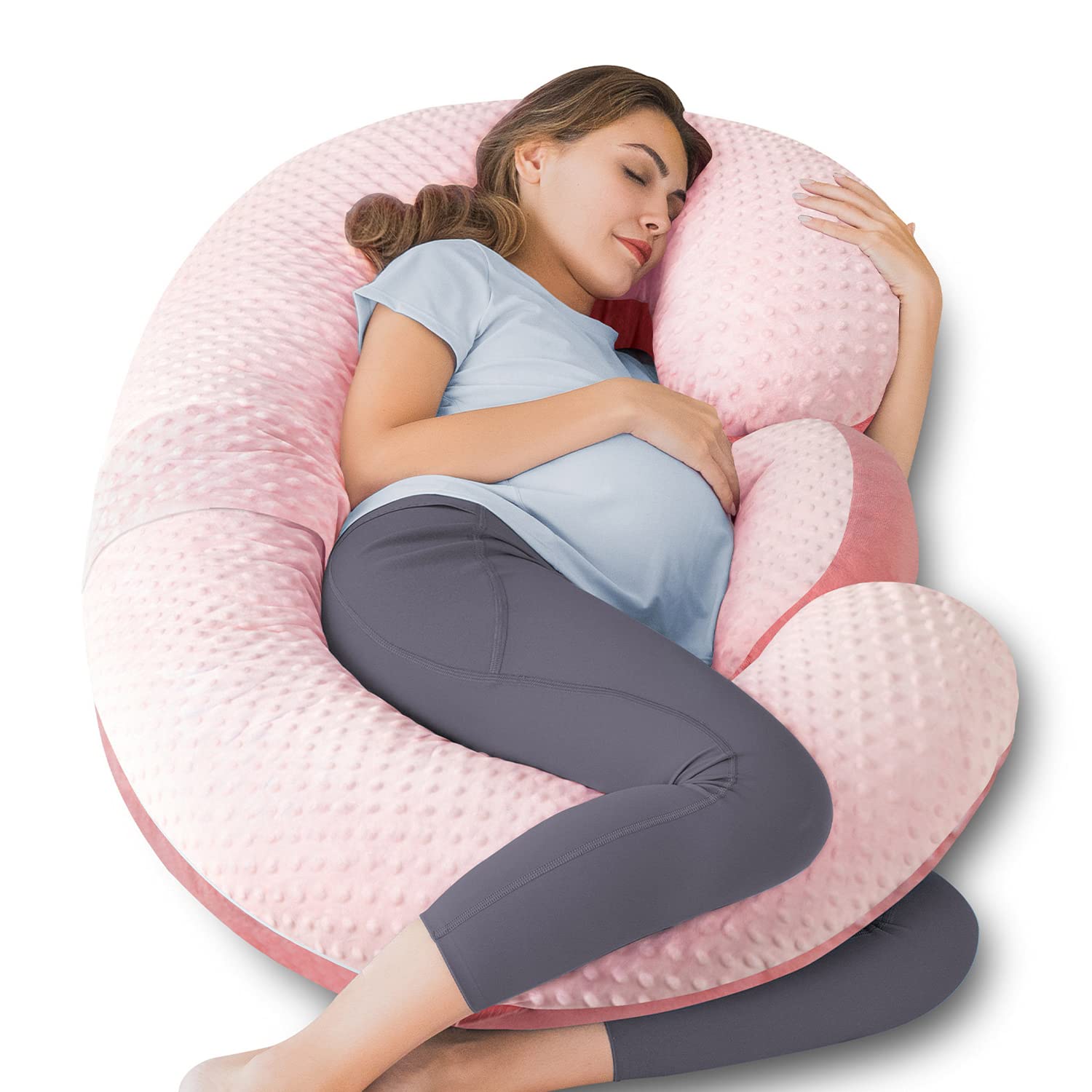 QUEEN ROSE Cooling Pregnancy Pillows, E Shaped Maternity Pillow for Sleeping, with Extra Wedge Pillow for Belly Support, 60 Inch Full Body Pillow, Pink