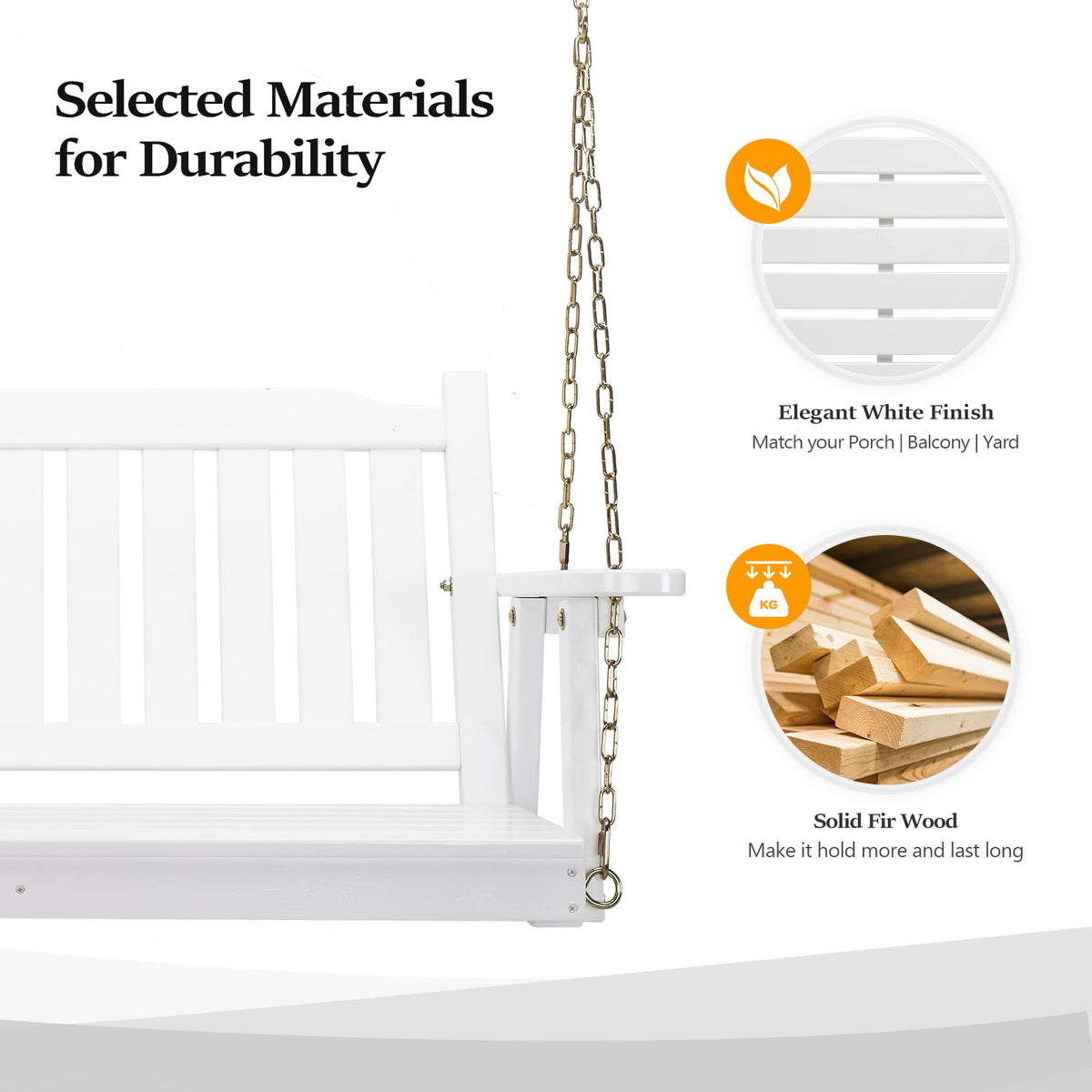 VINGLI Heavy Duty 880 LBS 5 FT Patio Wooden Porch Swing Outdoor with Upgraded Adjustable Chains, Outdoor Hanging Swing Bench for Garden, Yard, Balcony (5 FT, Brown)