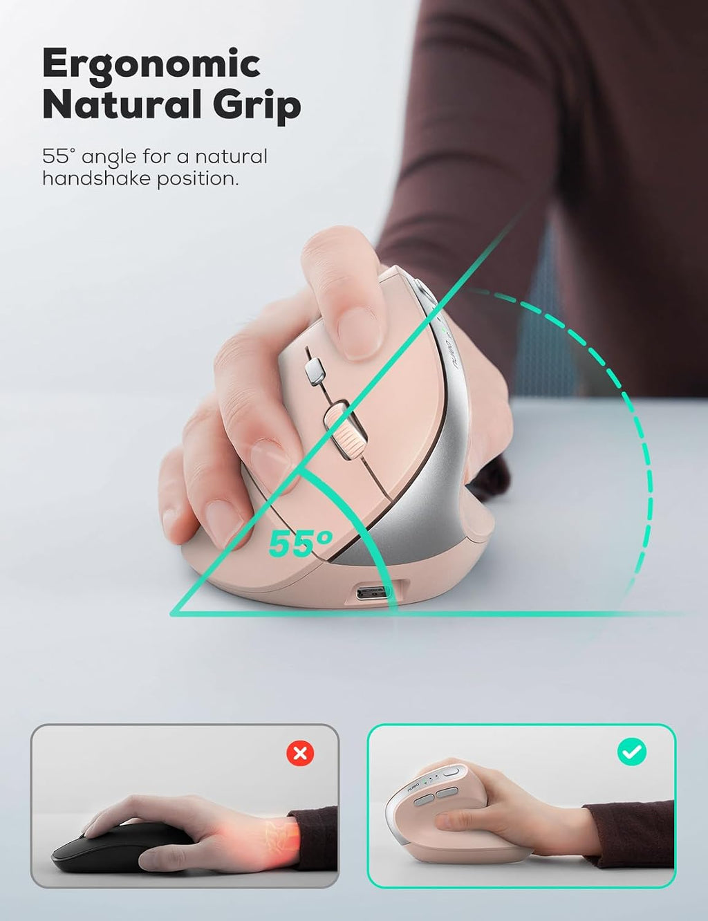 Nulea MD280 Ergonomic Vertical Wireless Mouse - Bluetooth & 2.4G Dual Mode, 4 Adjustable DPI 800/1200/1600/2400, Rechargeable, Silent Clicks, No Lag, 6 Buttons - Perfect for Laptop, Desktop Pink