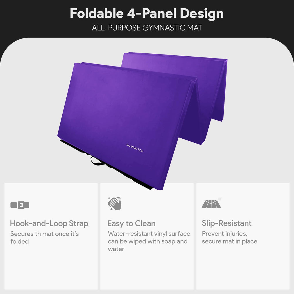 BalanceFrom 10x4 Feet 4-Panel Folding Gymnastics Mat – 2-Inch Thick Pad with Vinyl Surface and Carrying Handles for Tumbling, Yoga, Pilates, Home Workouts, and Martial Arts