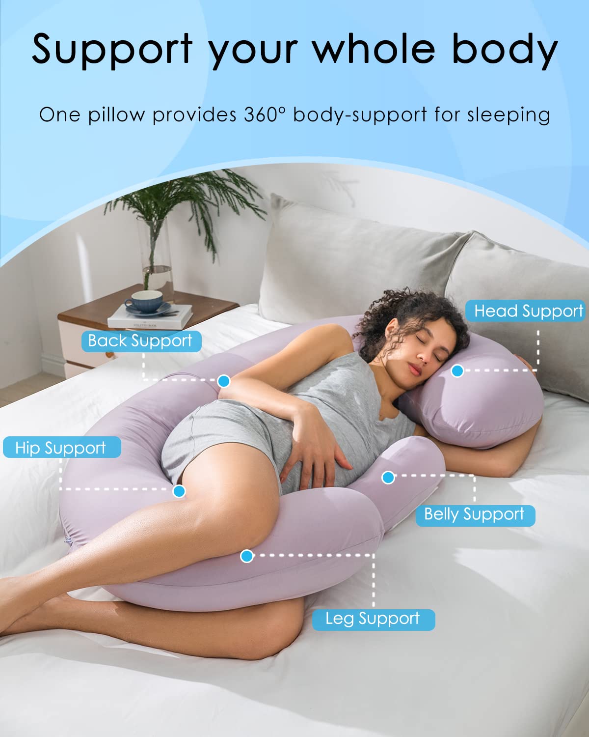 QUEEN ROSE Cooling Pregnancy Pillows, E Shaped Maternity Pillow for Sleeping, with Extra Wedge Pillow for Belly Support, 60 Inch Full Body Pillow, Pink