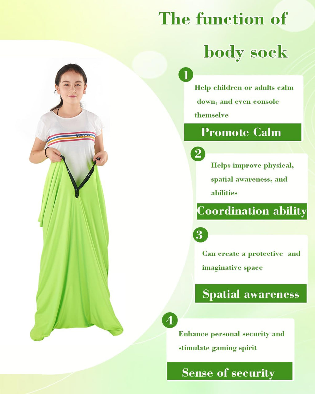 Sensory Sox Body Socks - Full-Body Wrap to Relieve Stress for Individuals with Autism, Anxiety - Deep Pressure Simulation Body Blanket Great for Dynamic Movement (Large 56"x27",Green)