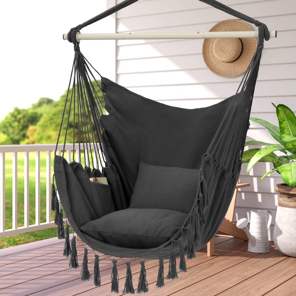 Y- STOP Hammock Chair Hanging Rope Swing Chair, Max 500 Lbs, 2 Seat Cushions Included, Removable Steel Spreader Bar with Anti-Slip Rings, Hardware kit-for Indoor Outdoor(Dark Grey)