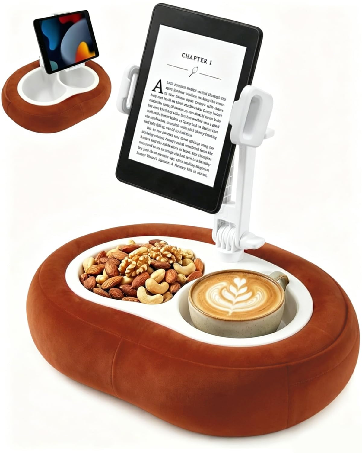 Miledi Tablet Pillow Stand for Bed with 360° Rotating Holder, Pink | Compatible with Kindle, iPad, Phone and Tablet 5" to 12.9", Soft Plush Fabric, with 2 Snack Bowls, for Reading and Relaxing