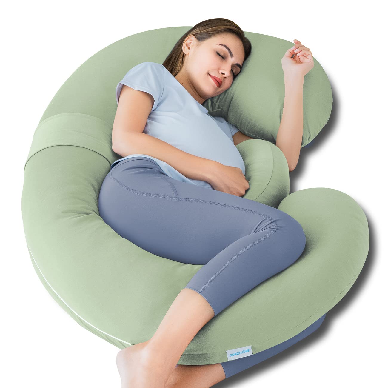 QUEEN ROSE Cooling Pregnancy Pillows, E Shaped Maternity Pillow for Sleeping, with Extra Wedge Pillow for Belly Support, 60 Inch Full Body Pillow, Pink