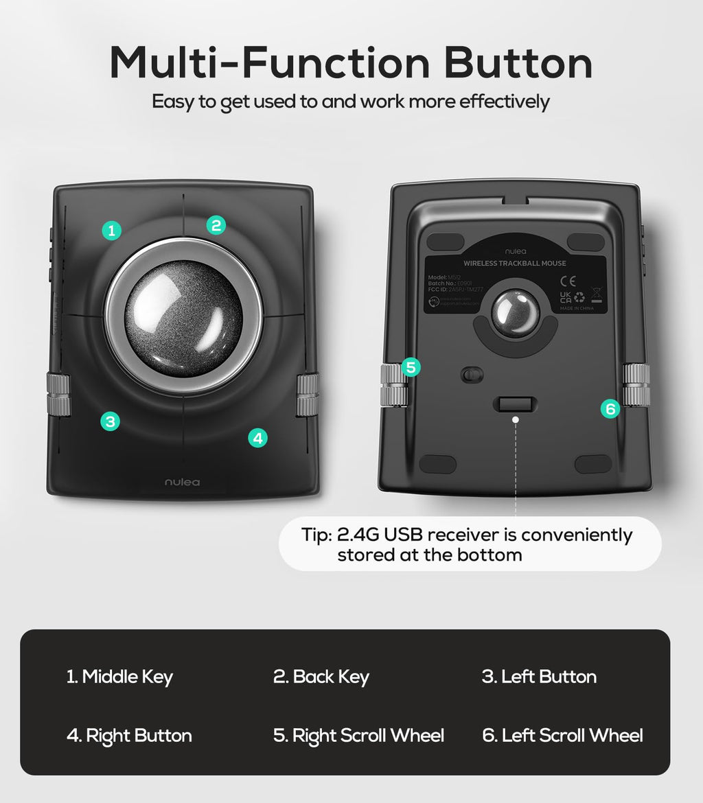 Nulea Wireless Trackball Mouse, Ergonomic 55mm Trackball, 4 Level Adjustable DPI for Precise Control, Left or Right Hand Compatible, Rechargeable, Multi-Device Bluetooth & 2.4GHz for PC, Laptop