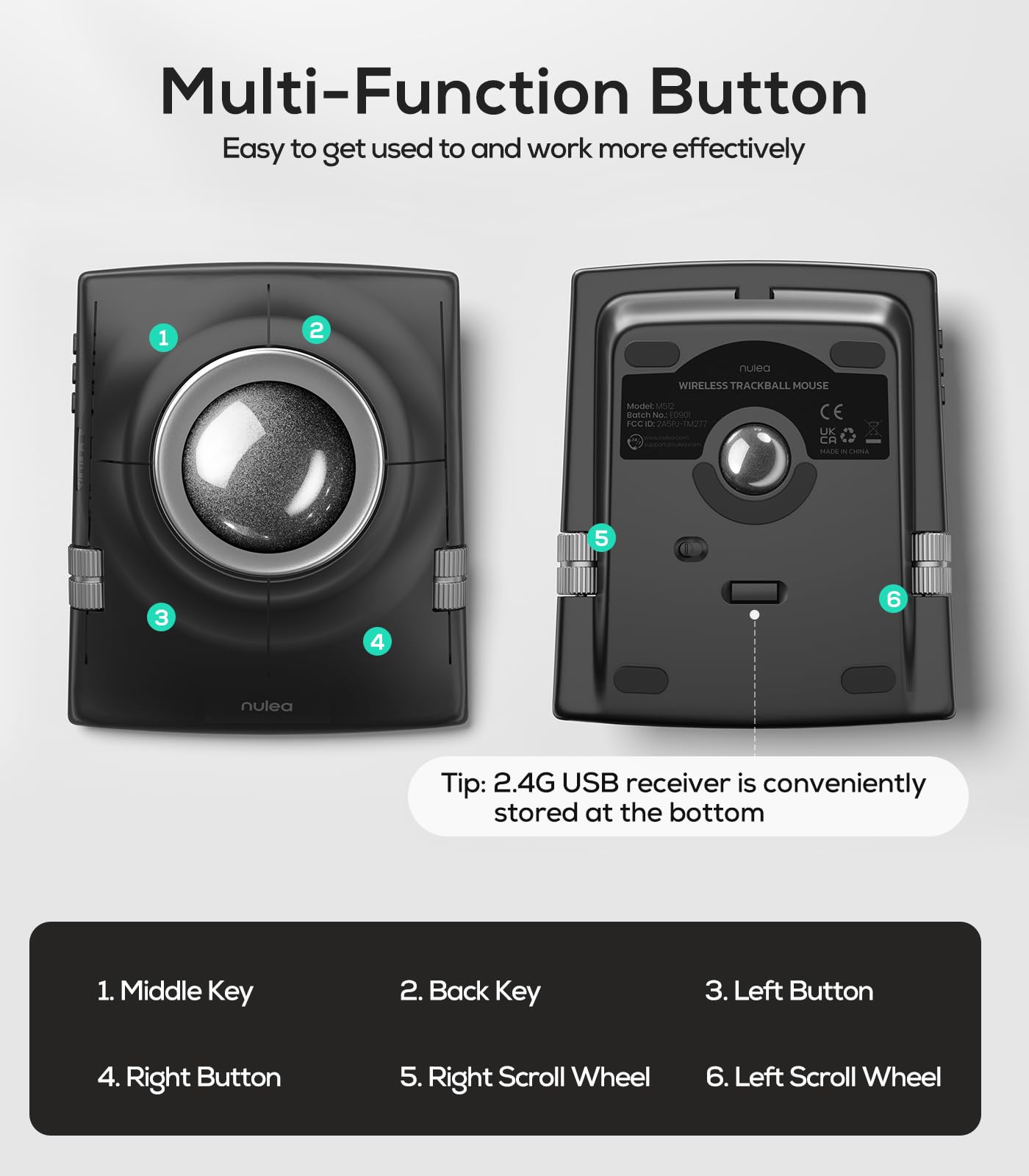 Nulea Wireless Trackball Mouse, Ergonomic 55mm Trackball, 4 Level Adjustable DPI for Precise Control, Left or Right Hand Compatible, Rechargeable, Multi-Device Bluetooth & 2.4GHz for PC, Laptop