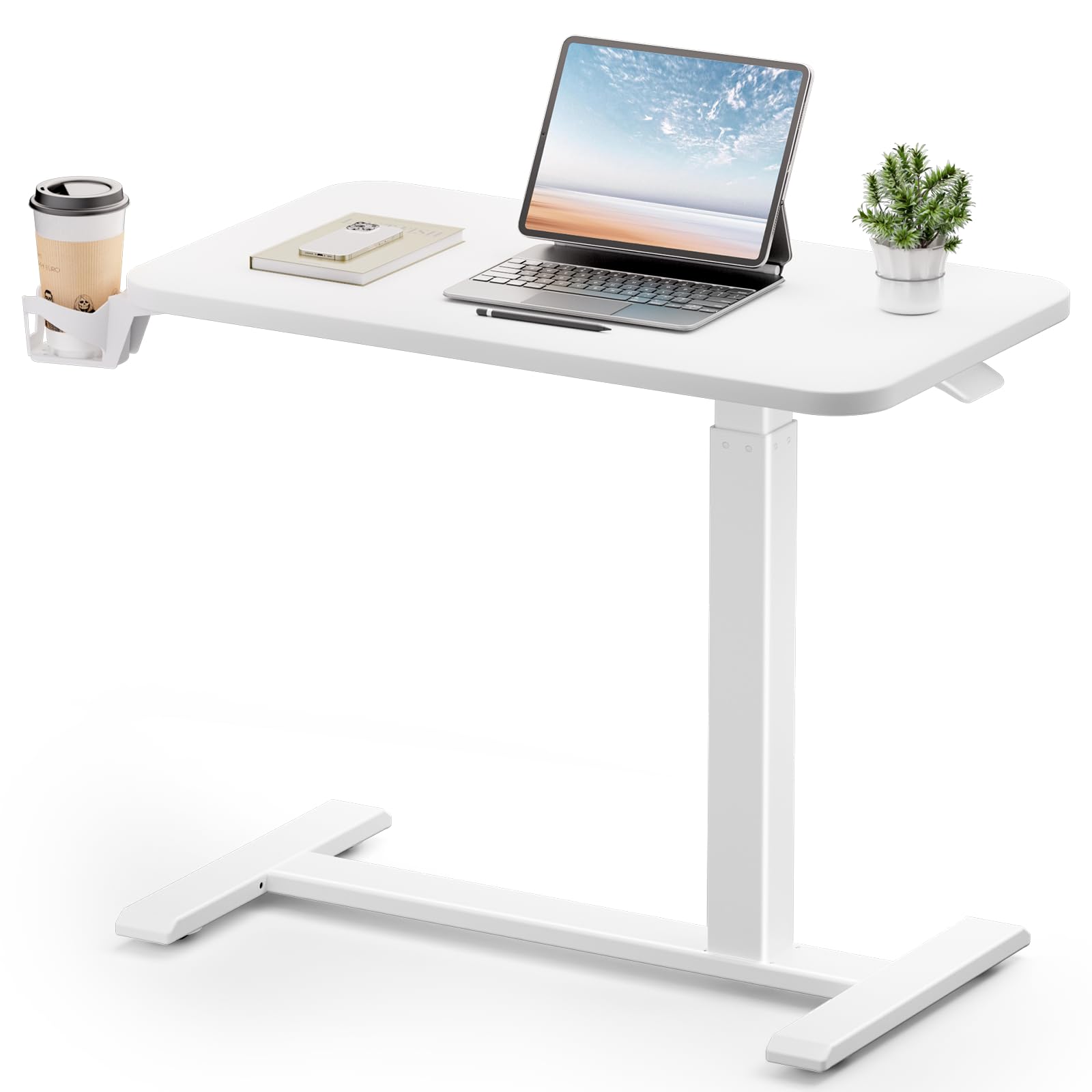GTPLAYER Small Standing Desk with Wheels, Pneumatic Mobile Rolling Laptop Desk, Adjustable Height Overbed Bedside Table Computer Workstation for Home Office (28" W x 16" D, White)