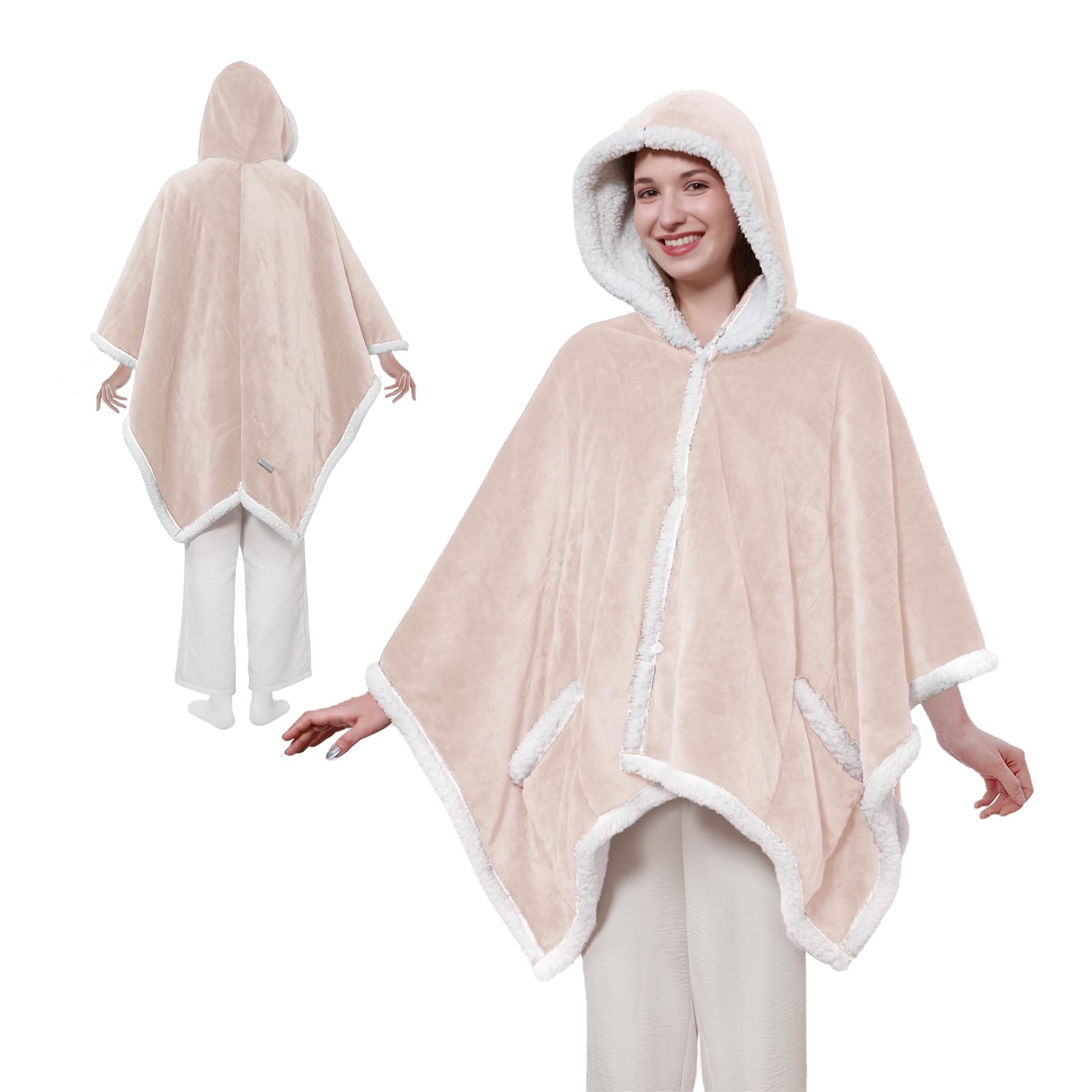 Sealy Heated Throw Wearable Shawl Wrap with Pockets, Reversible Flannel to Sherpa Electric Blanket Hoodie Poncho with 6 Heating Levels & 2-10 Hours Time Settings, 50 X 60 Inch, Pink