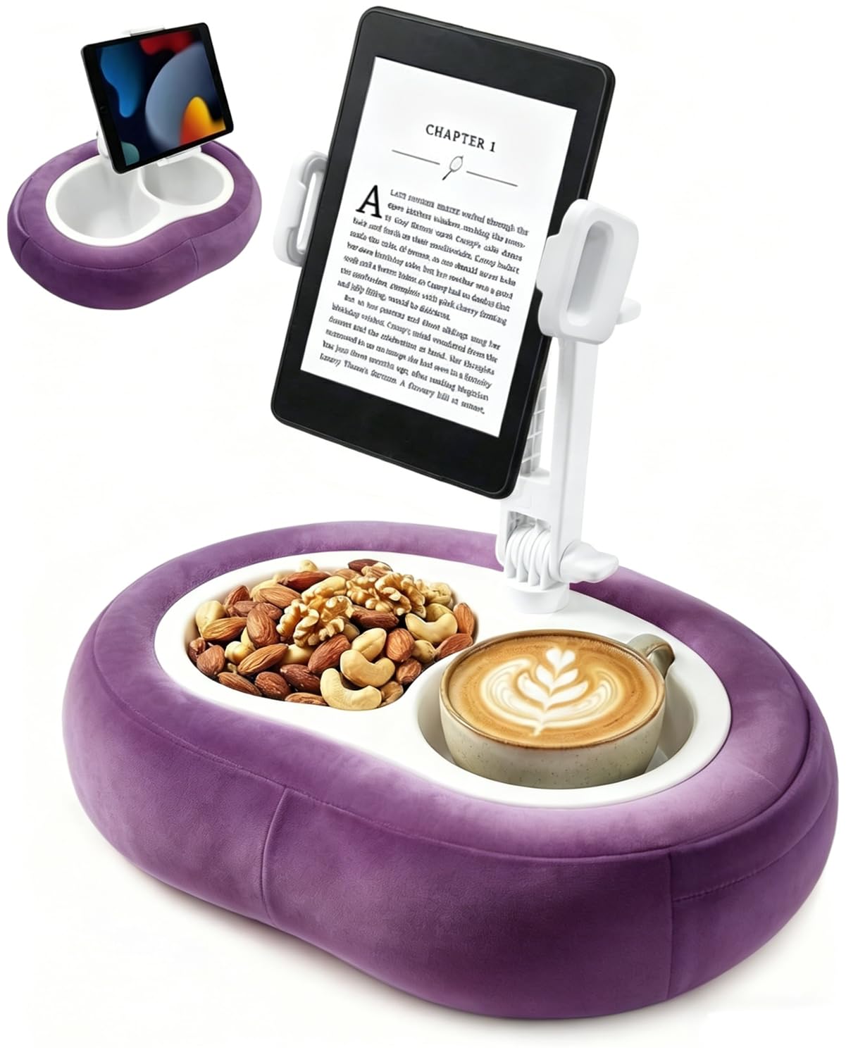 Miledi Tablet Pillow Stand for Bed with 360° Rotating Holder, Pink | Compatible with Kindle, iPad, Phone and Tablet 5" to 12.9", Soft Plush Fabric, with 2 Snack Bowls, for Reading and Relaxing