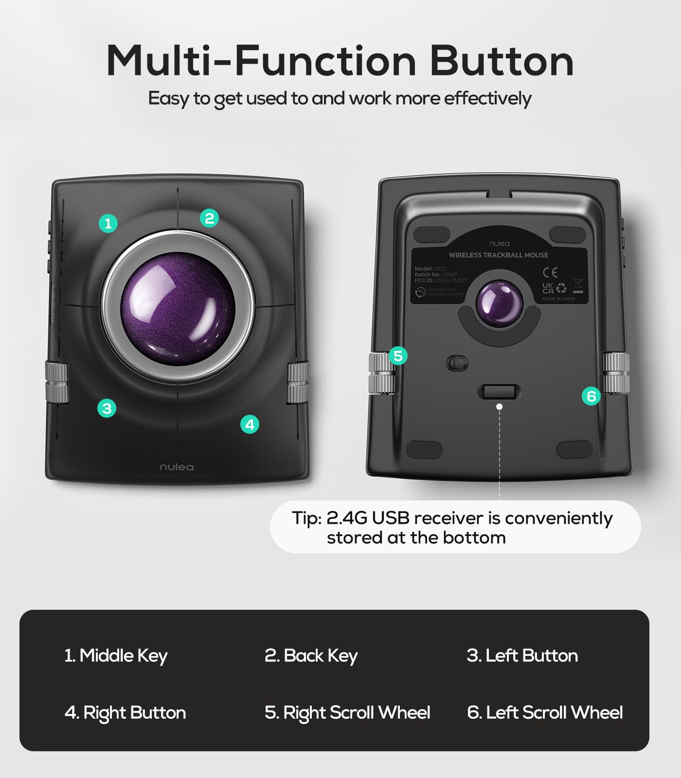 Nulea Wireless Trackball Mouse, Ergonomic 55mm Trackball, 4 Level Adjustable DPI for Precise Control, Left or Right Hand Compatible, Rechargeable, Multi-Device Bluetooth & 2.4GHz for PC, Laptop