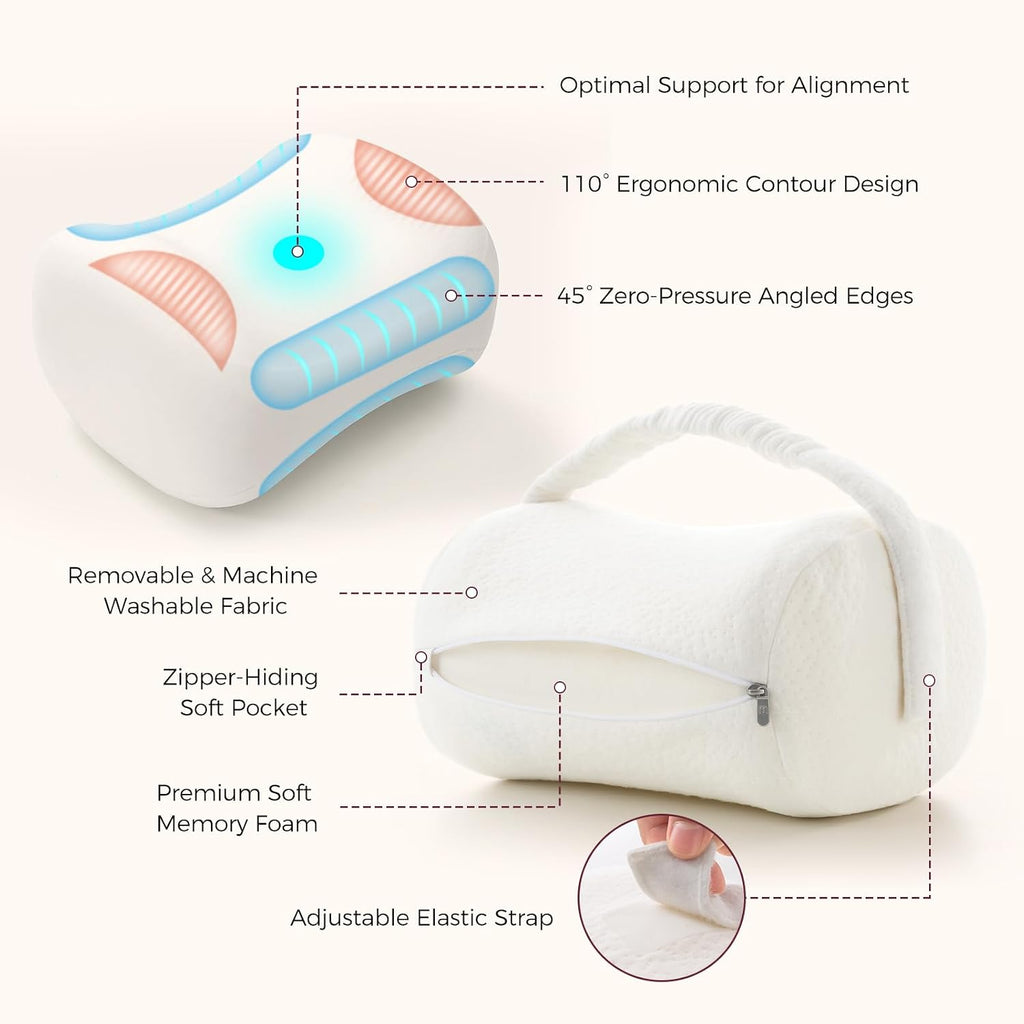 Momcozy Knee Pillow for Side Sleepers, Soft Memory Foam & Pinch-Free Design, Relieve Knee, Leg and Sciatica Pain, Adjustable Elastic Strap Ideal for Pregnant Women and Seniors, White