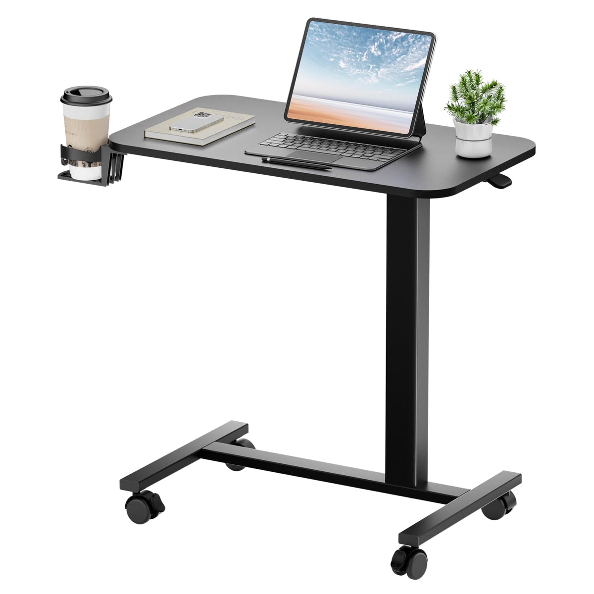 GTPLAYER Small Standing Desk with Wheels, Pneumatic Mobile Rolling Laptop Desk, Adjustable Height Overbed Bedside Table Computer Workstation for Home Office (28" W x 16" D, White)