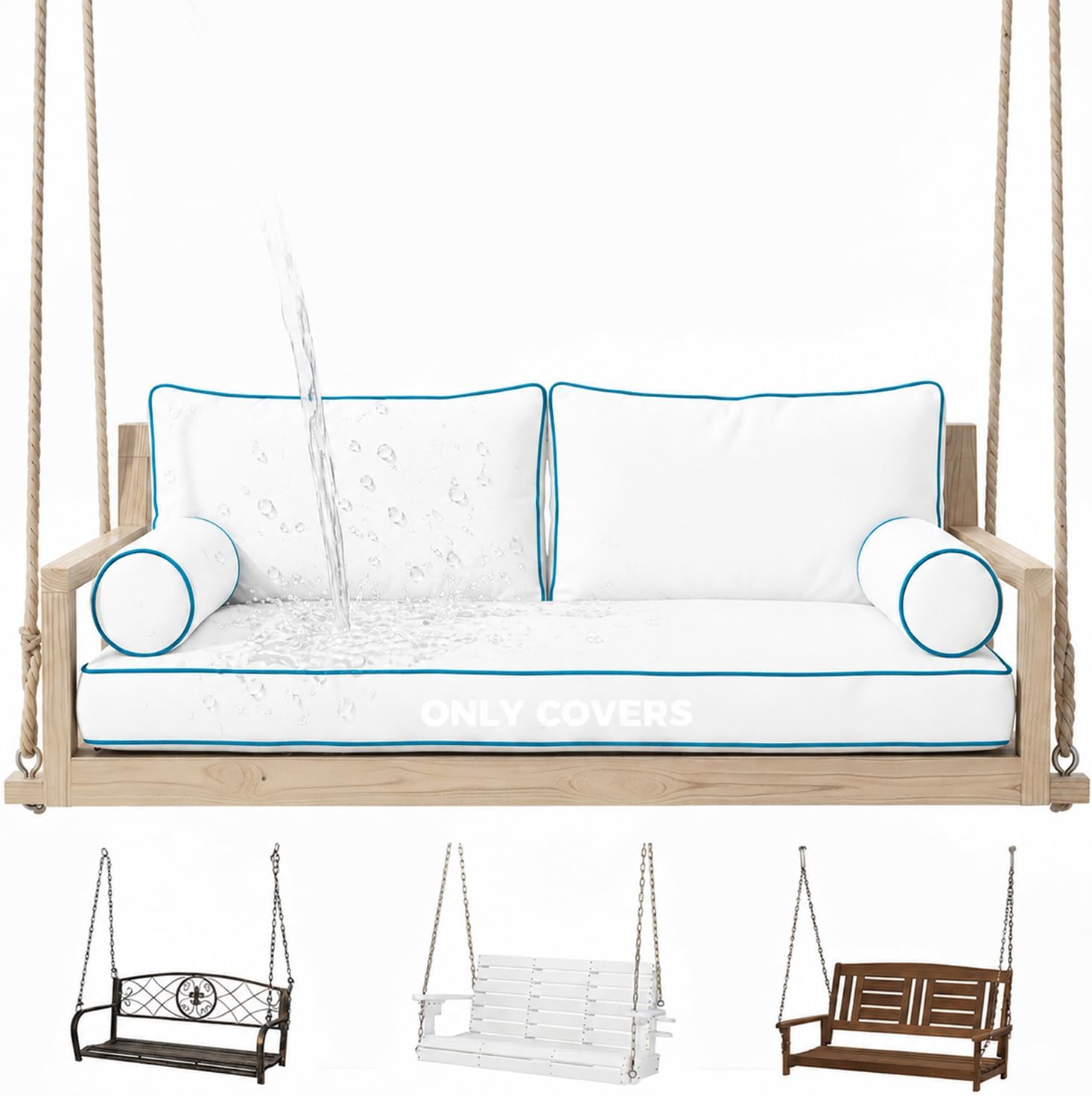 Twin Size Outdoor Daybed Swing Cushion Cover,Patio Porch Twin Mattress Bolster Pillow Fitted Sheet Cover Waterproof for Outdoor Hanging Porch Swing Bed (6, Dark Gray-White Piping)