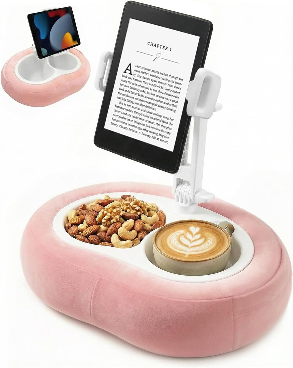 Miledi Tablet Pillow Stand for Bed with 360° Rotating Holder, Pink | Compatible with Kindle, iPad, Phone and Tablet 5" to 12.9", Soft Plush Fabric, with 2 Snack Bowls, for Reading and Relaxing