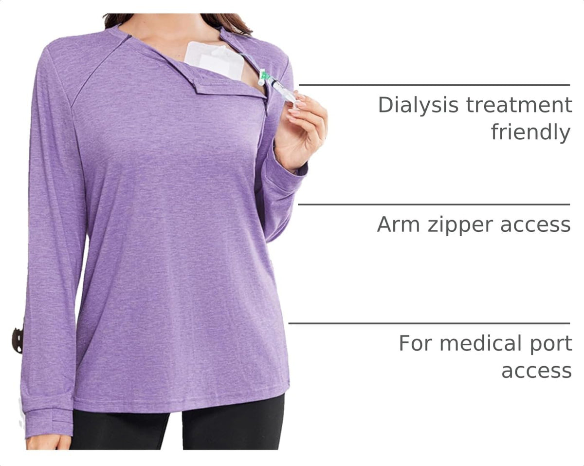 Deyeek Chemo Shirts for Port Access Women Long Sleeve Shoulder Post Surgery Shirt Dialysis Sweatshirts with Arm Zipper