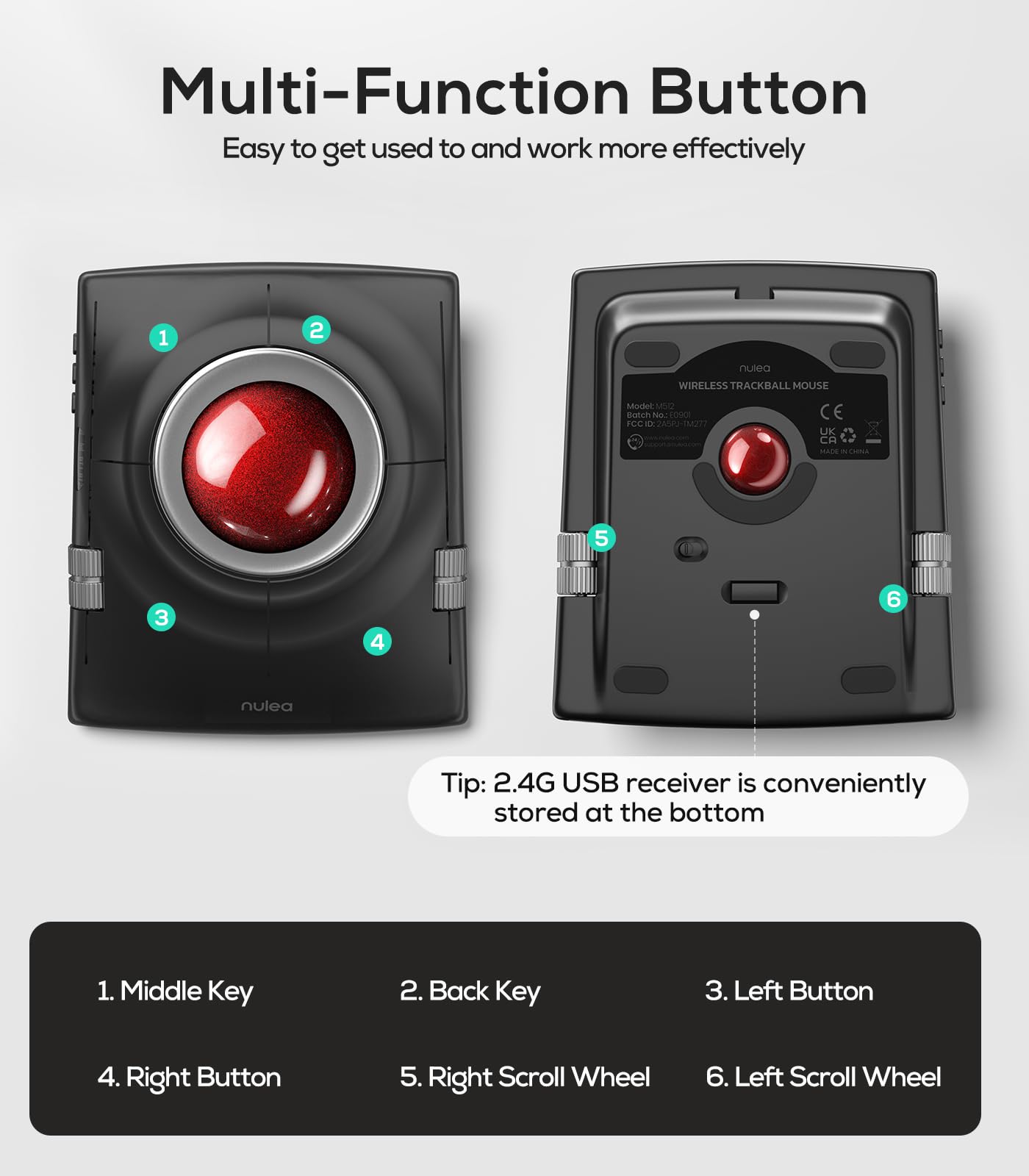 Nulea Wireless Trackball Mouse, Ergonomic 55mm Trackball, 4 Level Adjustable DPI for Precise Control, Left or Right Hand Compatible, Rechargeable, Multi-Device Bluetooth & 2.4GHz for PC, Laptop