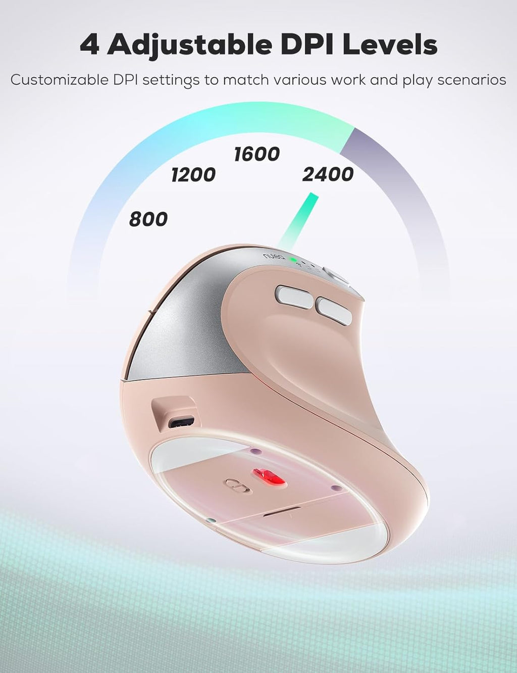 Nulea MD280 Ergonomic Vertical Wireless Mouse - Bluetooth & 2.4G Dual Mode, 4 Adjustable DPI 800/1200/1600/2400, Rechargeable, Silent Clicks, No Lag, 6 Buttons - Perfect for Laptop, Desktop Pink