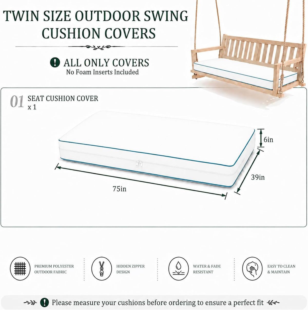 Twin Size Outdoor Daybed Swing Cushion Cover,Patio Porch Twin Mattress Bolster Pillow Fitted Sheet Cover Waterproof for Outdoor Hanging Porch Swing Bed (6, Dark Gray-White Piping)