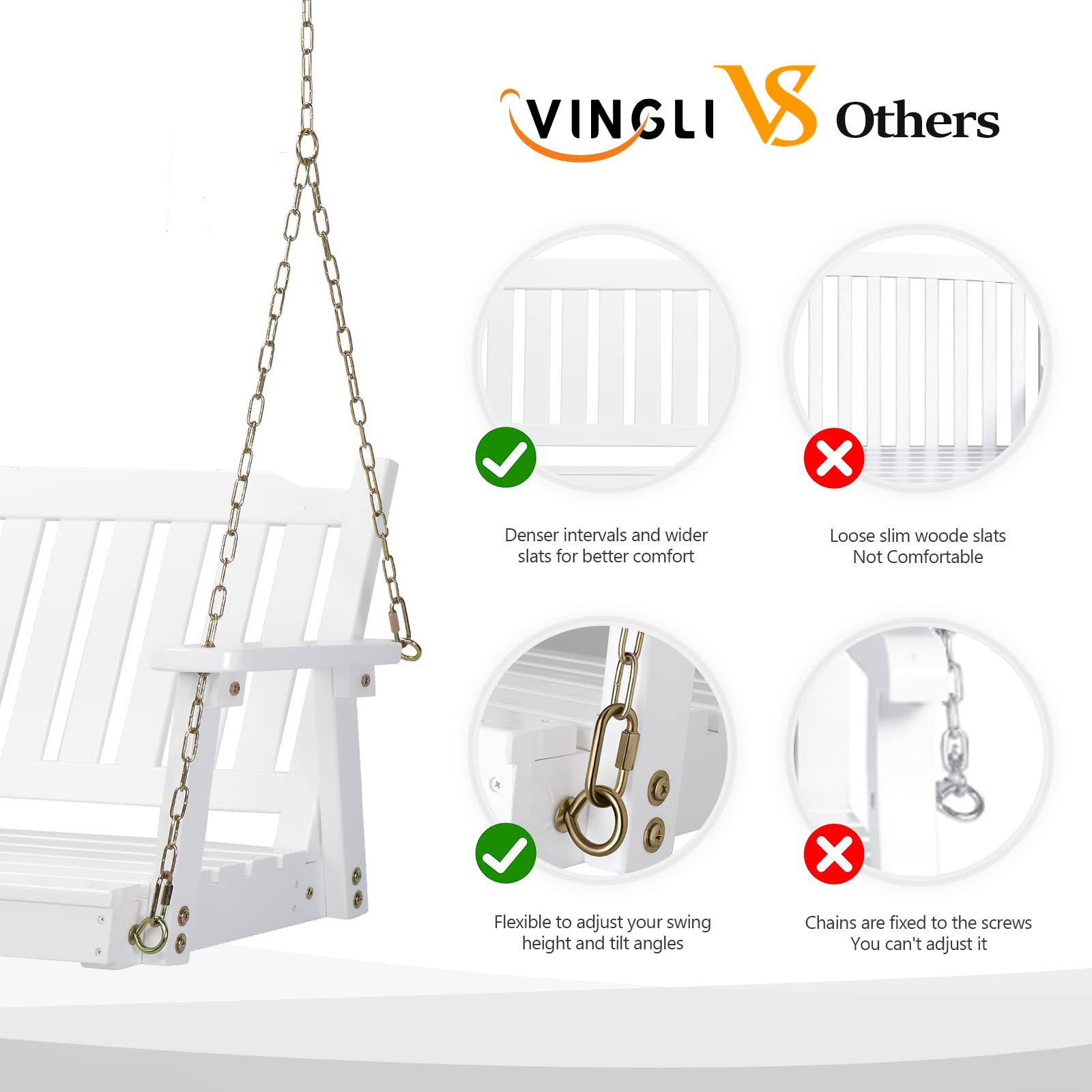 VINGLI Heavy Duty 880 LBS 5 FT Patio Wooden Porch Swing Outdoor with Upgraded Adjustable Chains, Outdoor Hanging Swing Bench for Garden, Yard, Balcony (5 FT, Brown)