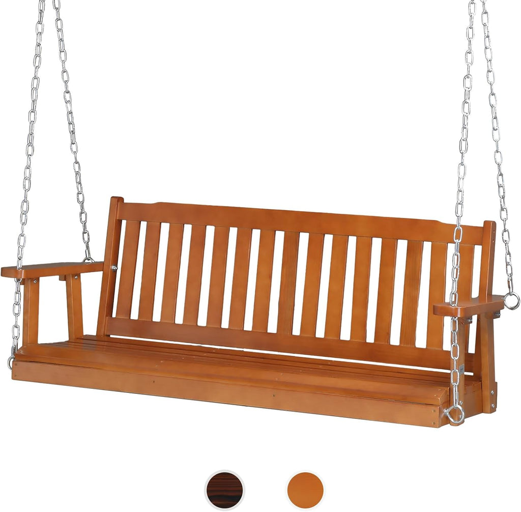 VINGLI Heavy Duty 880 LBS 5 FT Patio Wooden Porch Swing Outdoor with Upgraded Adjustable Chains, Outdoor Hanging Swing Bench for Garden, Yard, Balcony (5 FT, Brown)