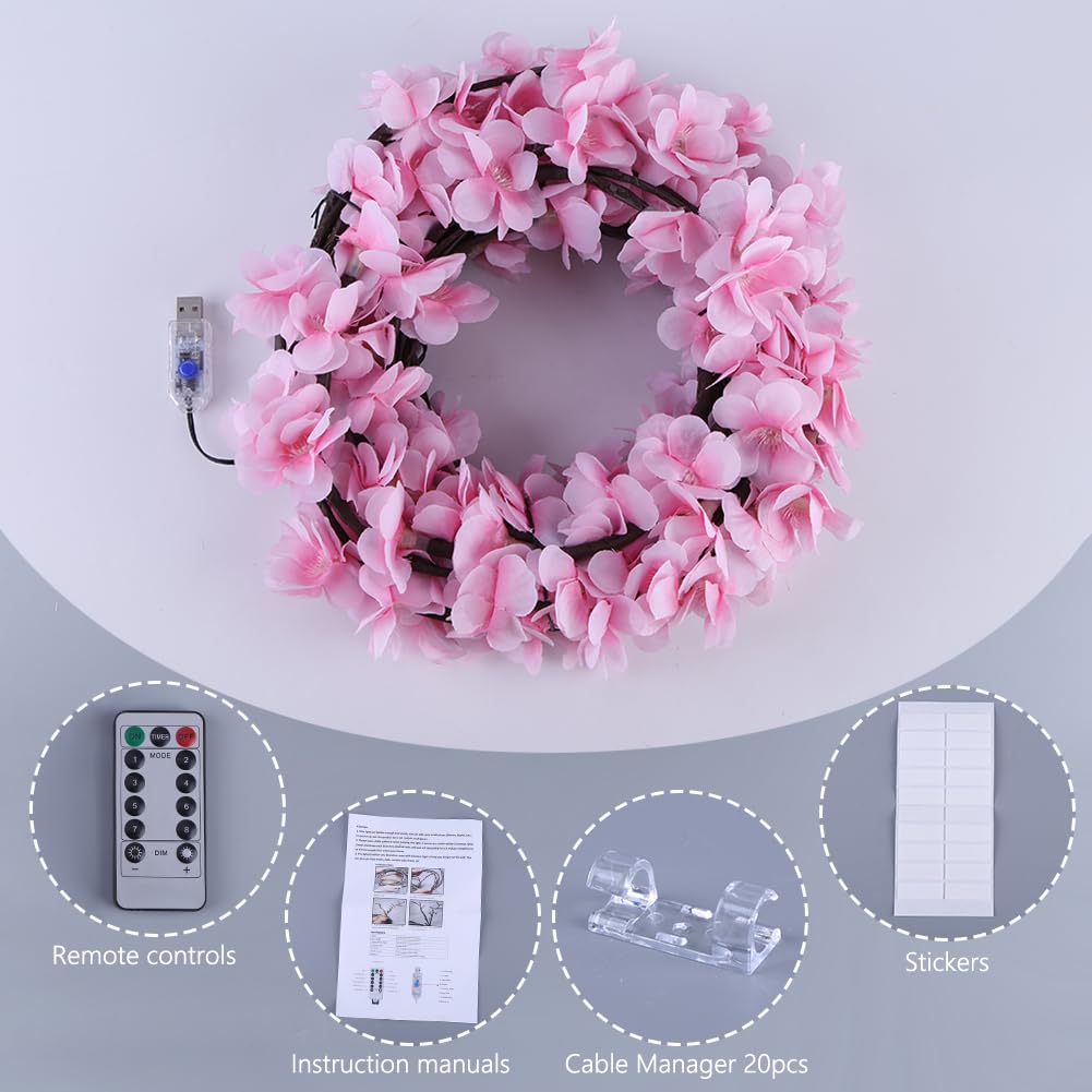 Cherry Blossom Lights with Remote, 8 Modes for Room Decor | Remote Control, 8 Lighting Modes, USB Powered, Timer Function, Bendable Branches, Indoor Cherry Blossom Tree Light