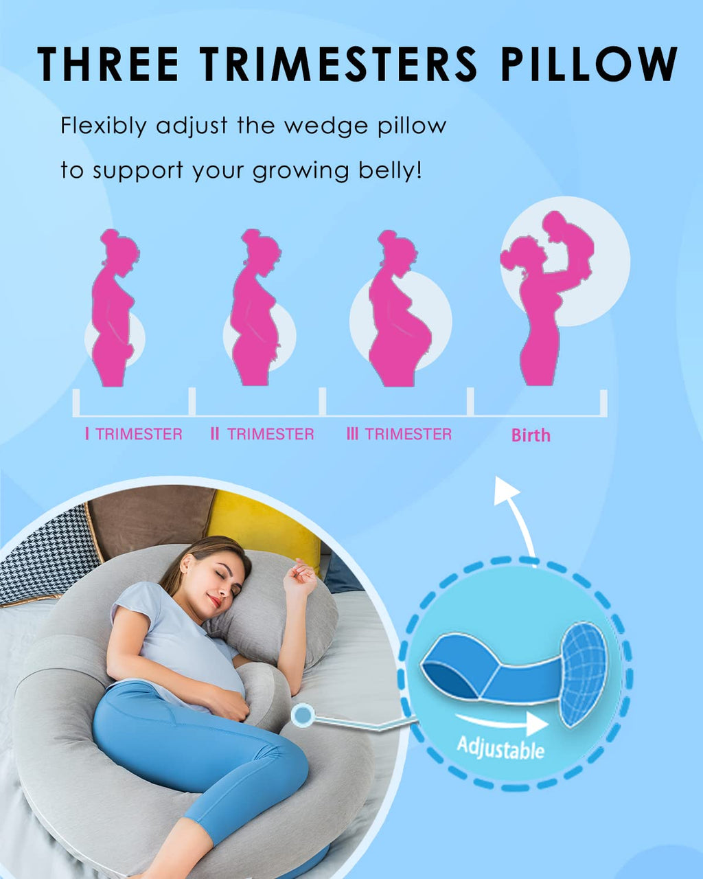 QUEEN ROSE Cooling Pregnancy Pillows, E Shaped Maternity Pillow for Sleeping, with Extra Wedge Pillow for Belly Support, 60 Inch Full Body Pillow, Pink