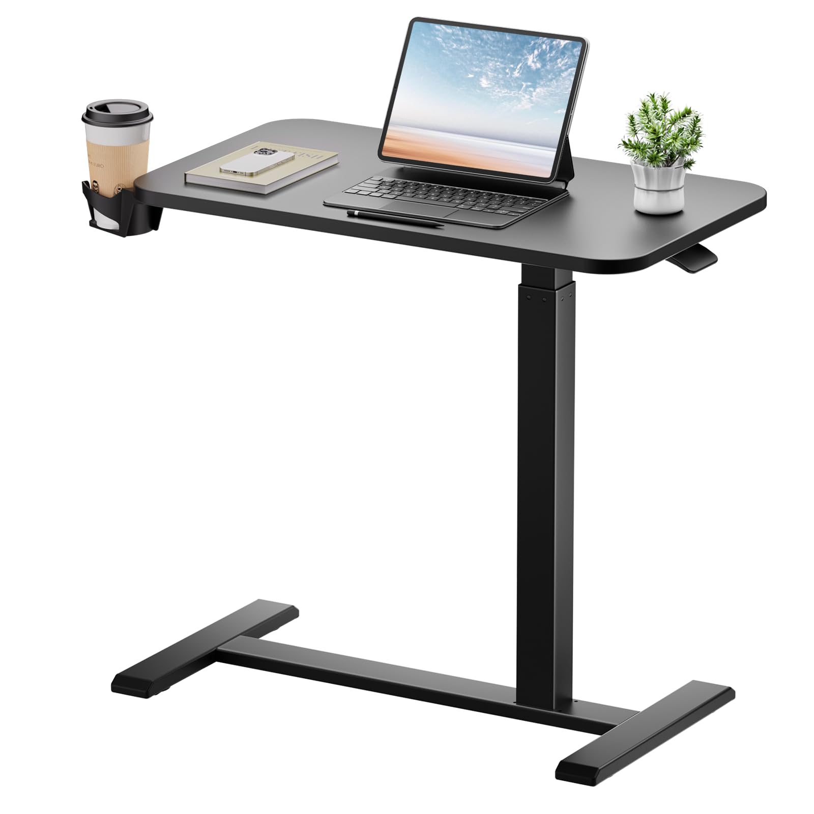 GTPLAYER Small Standing Desk with Wheels, Pneumatic Mobile Rolling Laptop Desk, Adjustable Height Overbed Bedside Table Computer Workstation for Home Office (28" W x 16" D, White)