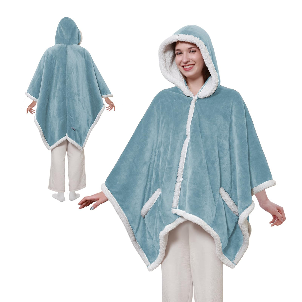 Sealy Heated Throw Wearable Shawl Wrap with Pockets, Reversible Flannel to Sherpa Electric Blanket Hoodie Poncho with 6 Heating Levels & 2-10 Hours Time Settings, 50 X 60 Inch, Pink