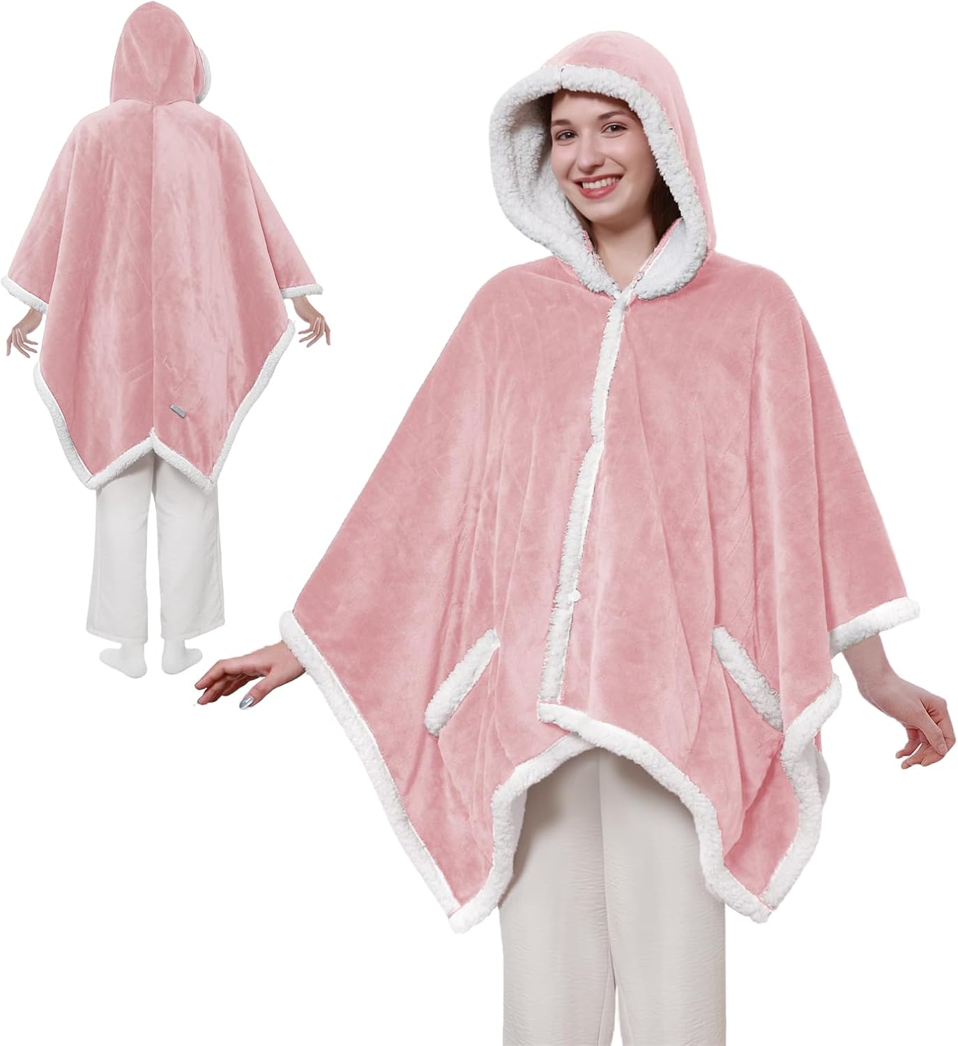 Sealy Heated Throw Wearable Shawl Wrap with Pockets, Reversible Flannel to Sherpa Electric Blanket Hoodie Poncho with 6 Heating Levels & 2-10 Hours Time Settings, 50 X 60 Inch, Pink