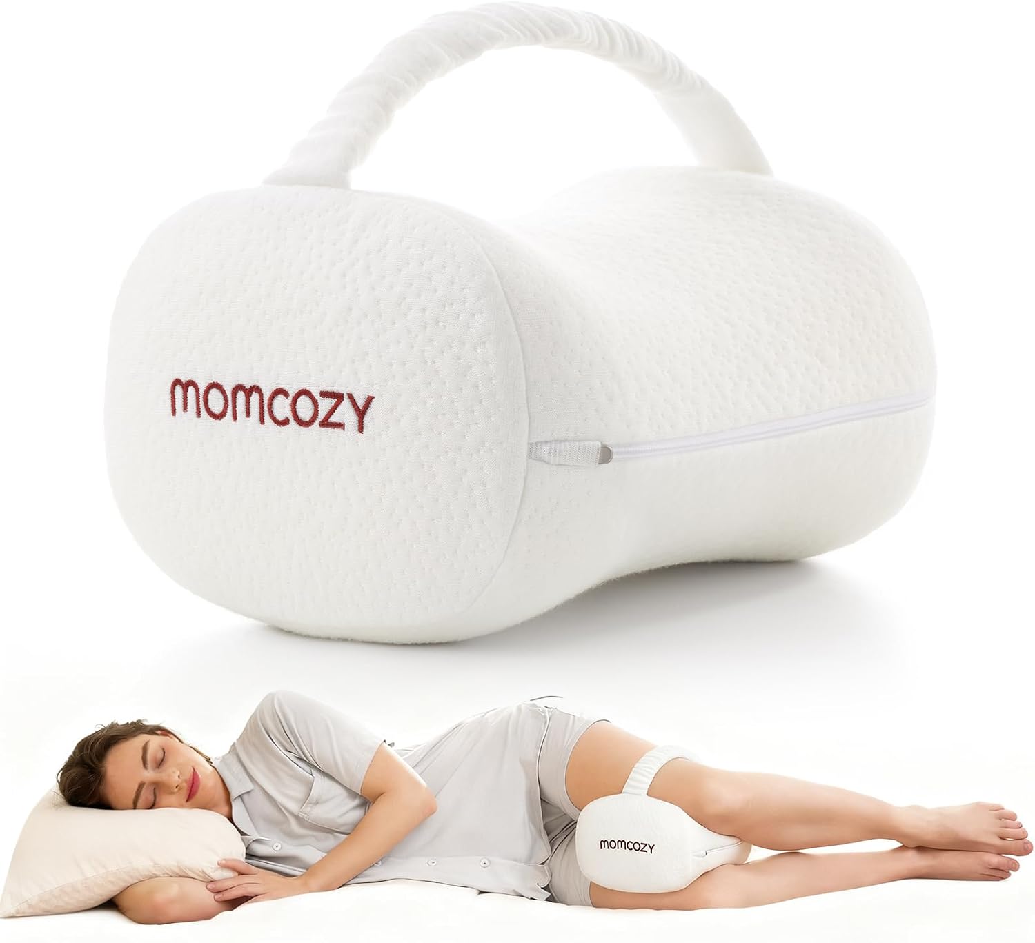 Momcozy Knee Pillow for Side Sleepers, Soft Memory Foam & Pinch-Free Design, Relieve Knee, Leg and Sciatica Pain, Adjustable Elastic Strap Ideal for Pregnant Women and Seniors, White