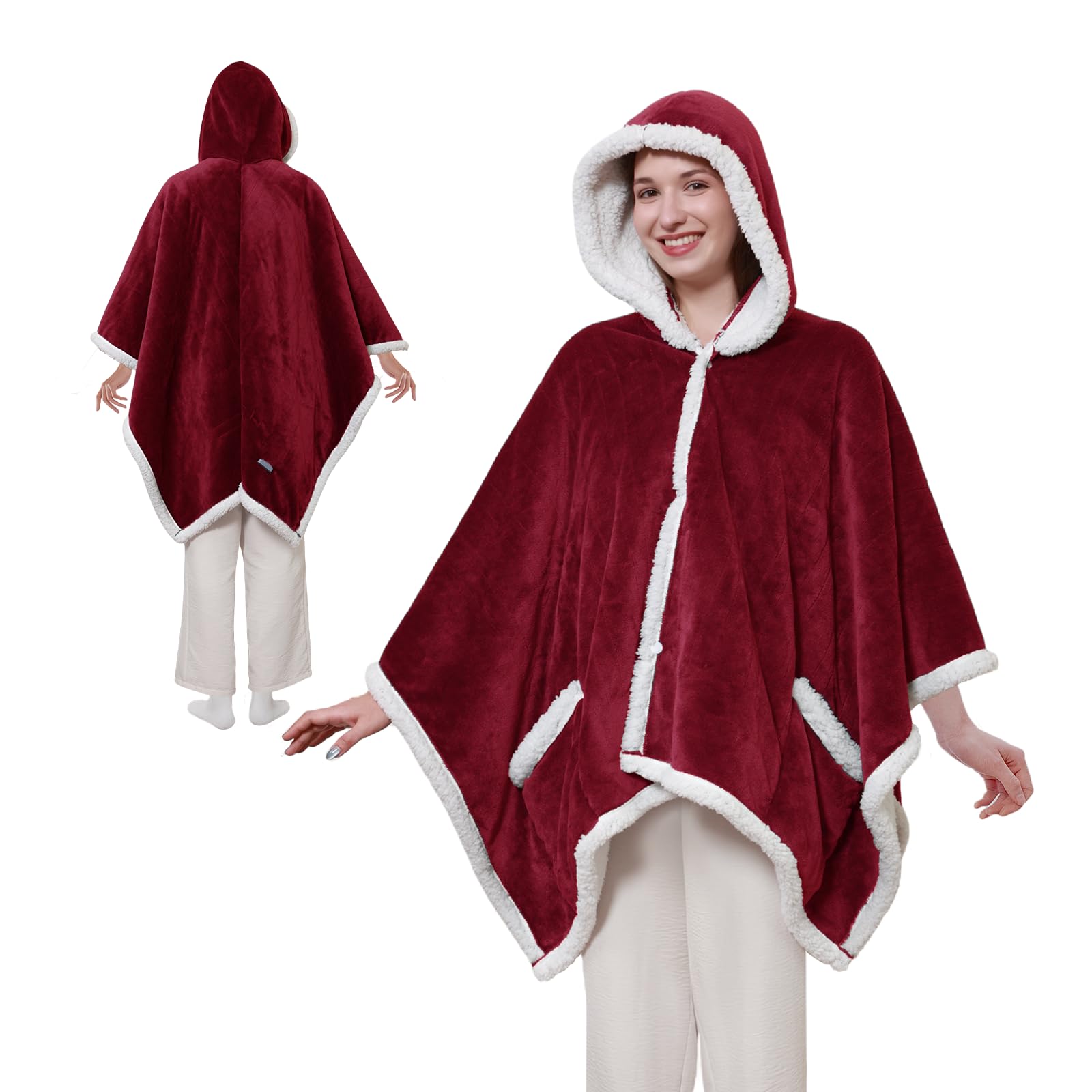 Sealy Heated Throw Wearable Shawl Wrap with Pockets, Reversible Flannel to Sherpa Electric Blanket Hoodie Poncho with 6 Heating Levels & 2-10 Hours Time Settings, 50 X 60 Inch, Pink
