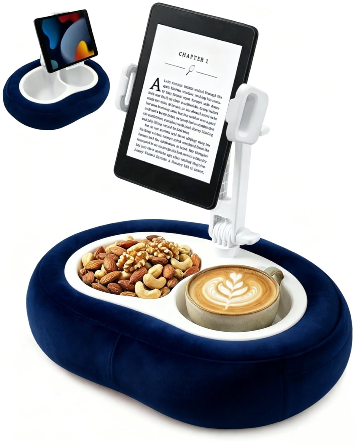 Miledi Tablet Pillow Stand for Bed with 360° Rotating Holder, Pink | Compatible with Kindle, iPad, Phone and Tablet 5" to 12.9", Soft Plush Fabric, with 2 Snack Bowls, for Reading and Relaxing