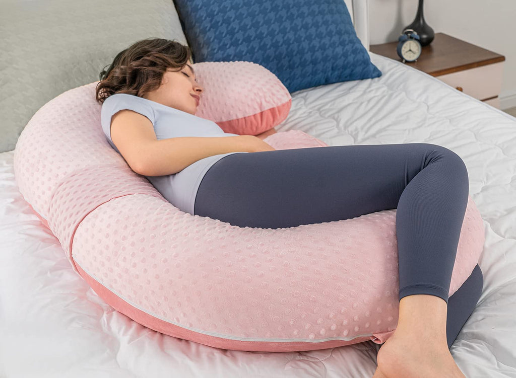 QUEEN ROSE Cooling Pregnancy Pillows, E Shaped Maternity Pillow for Sleeping, with Extra Wedge Pillow for Belly Support, 60 Inch Full Body Pillow, Pink