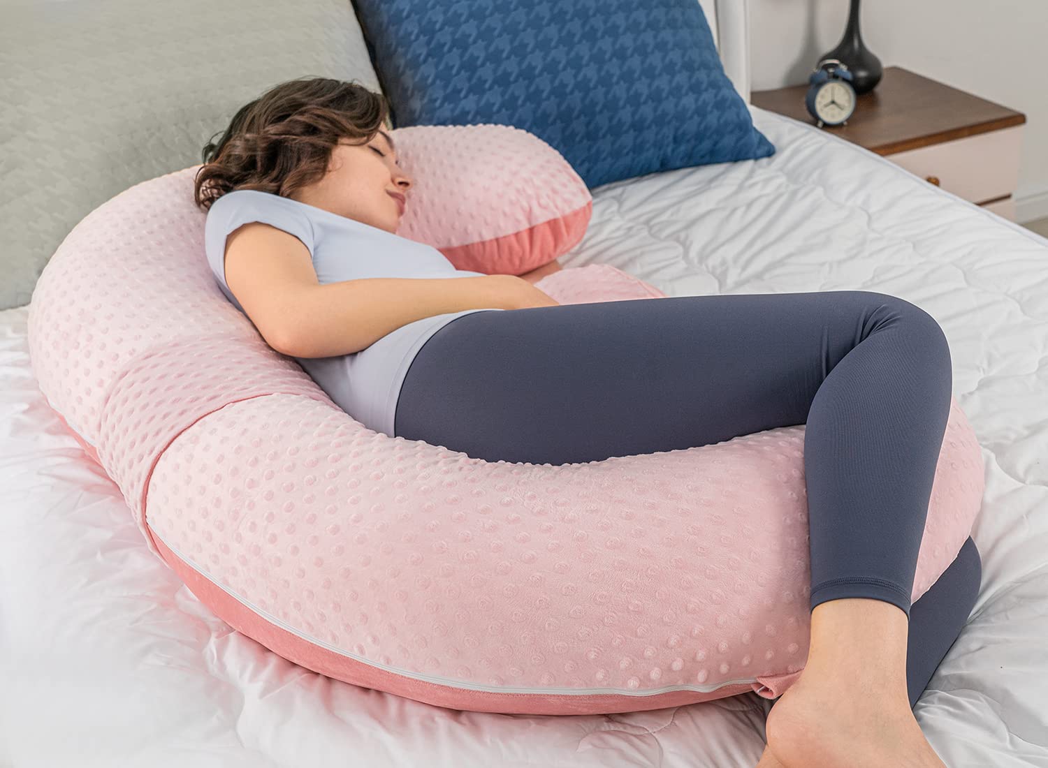 QUEEN ROSE Cooling Pregnancy Pillows, E Shaped Maternity Pillow for Sleeping, with Extra Wedge Pillow for Belly Support, 60 Inch Full Body Pillow, Pink