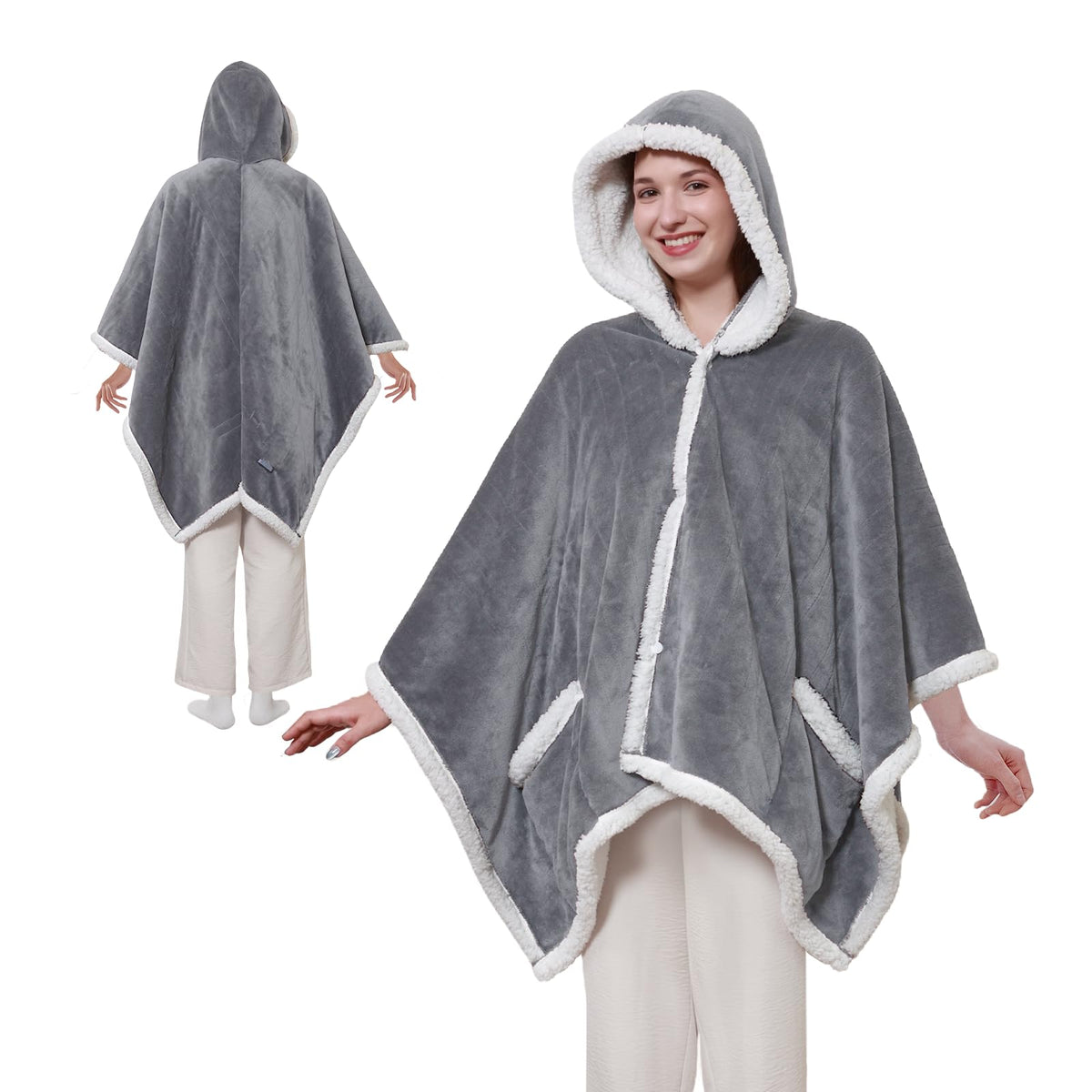 Sealy Heated Throw Wearable Shawl Wrap with Pockets, Reversible Flannel to Sherpa Electric Blanket Hoodie Poncho with 6 Heating Levels & 2-10 Hours Time Settings, 50 X 60 Inch, Pink