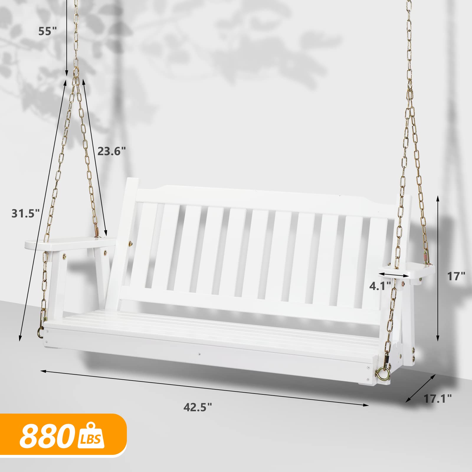 VINGLI Heavy Duty 880 LBS 5 FT Patio Wooden Porch Swing Outdoor with Upgraded Adjustable Chains, Outdoor Hanging Swing Bench for Garden, Yard, Balcony (5 FT, Brown)
