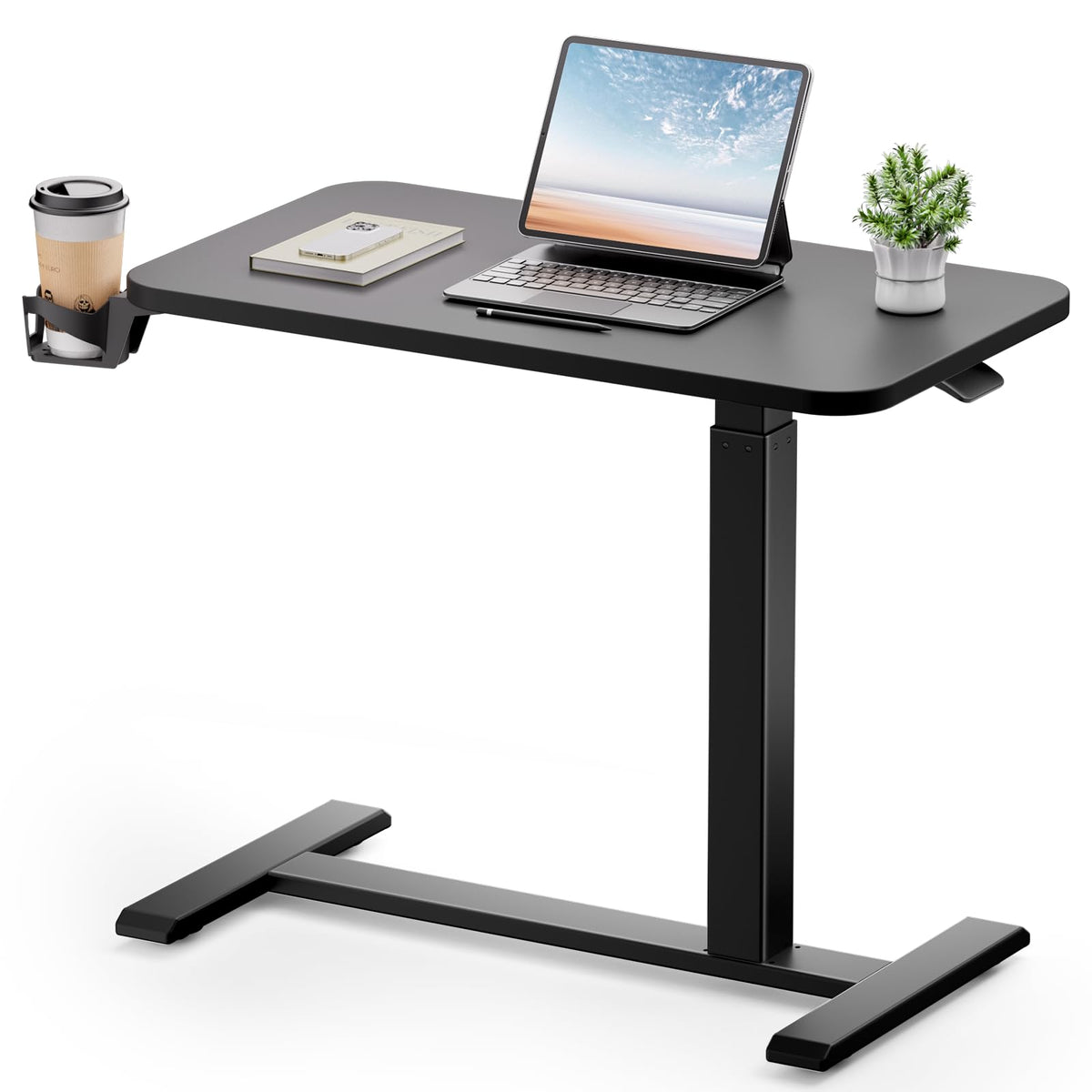 GTPLAYER Small Standing Desk with Wheels, Pneumatic Mobile Rolling Laptop Desk, Adjustable Height Overbed Bedside Table Computer Workstation for Home Office (28" W x 16" D, White)