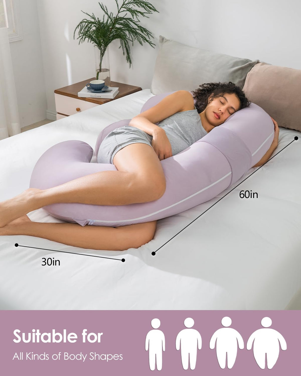 QUEEN ROSE Cooling Pregnancy Pillows, E Shaped Maternity Pillow for Sleeping, with Extra Wedge Pillow for Belly Support, 60 Inch Full Body Pillow, Pink