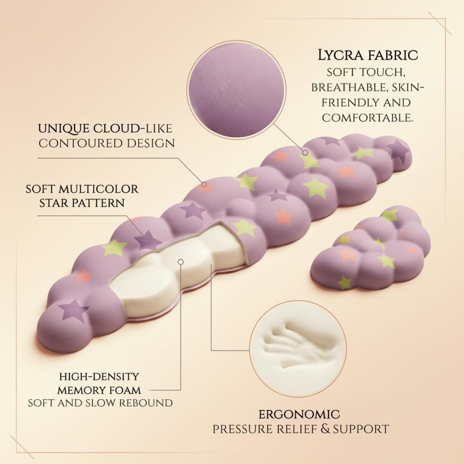 Silky Cloud Wrist Rest Set for Keyboard & Mouse, 16.9", Purple Star | Memory Foam Arm Rest with Ergonomic Support Fits Full Keyboards and Reduces Typing Fatigue for Office, Gaming and Home Use