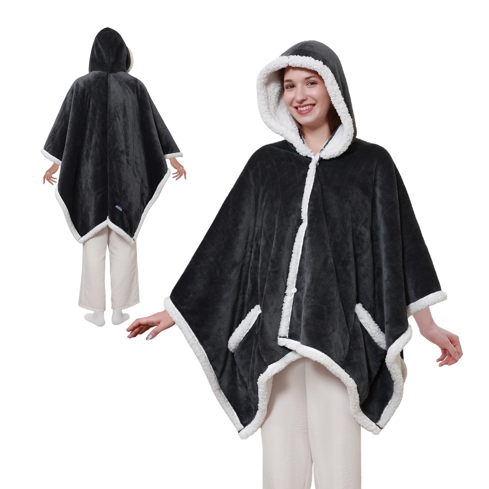 Sealy Heated Throw Wearable Shawl Wrap with Pockets, Reversible Flannel to Sherpa Electric Blanket Hoodie Poncho with 6 Heating Levels & 2-10 Hours Time Settings, 50 X 60 Inch, Pink
