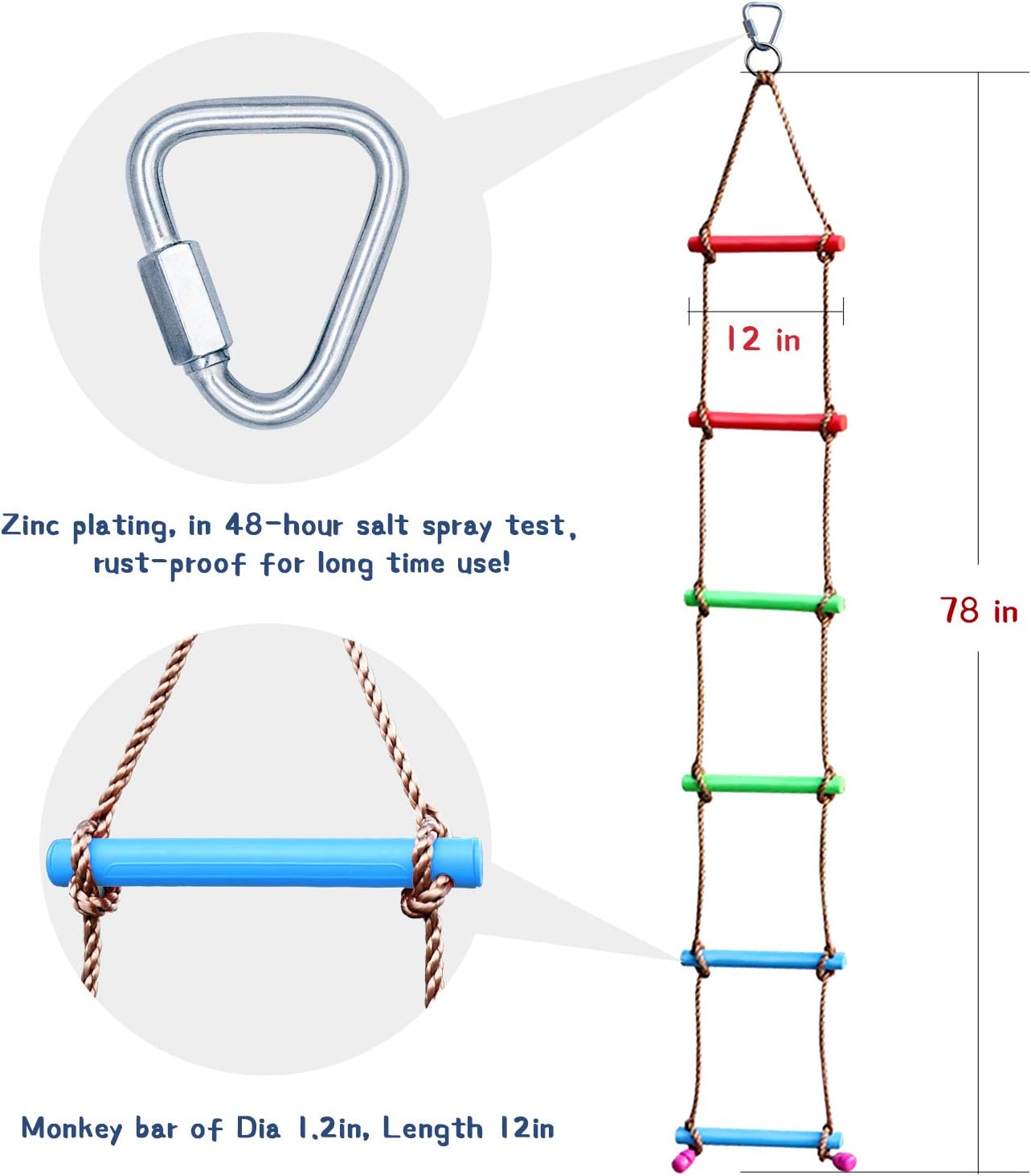 Rainbow Craft 6.6FT Climbing Rope Ninja Ladder for Kids - Kids Ninja Warrior Obstacle Course Accessories - Swing Rope Ladder