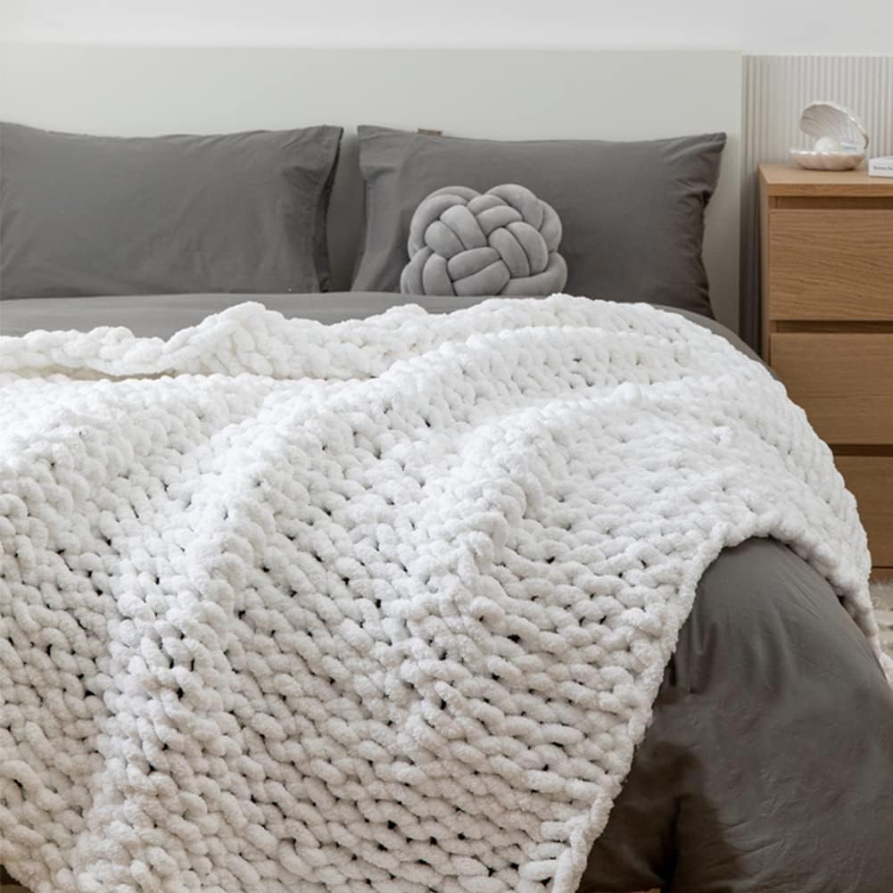 Soft Chunky Knit Throw Blanket for Couch, Cozy Warm Knitted Blankets | Hand Knit with Jumbo Chenille, Lightweight Warm Fluffy Decor for Women, Mom, Her & Girls, Sofa, Chair, Bed, 40"×40" (Gray)